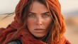 Stylish young female with intense green eyes wearing a bright red shawl. Ai generated