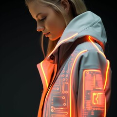 Sticker - AI generated illustration of a young woman wearing a white hooded jacket illuminated