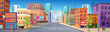 Panorama city with shops,  building, crossing,  mall  and traffic light .Vector illustration in flat style.