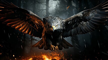 Wall Mural - AI generated illustration of a bald eagle flying in a burning forest, with its wings wide open