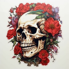 Sticker - Skull and flower against a watercolor paper background, AI-generated.