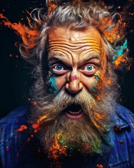 Canvas Print - Adult male with a beard and blue eyes with splattered paint across his face, AI-generated.