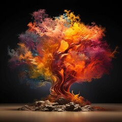 Poster - Vibrant abstract intricate tree design made up of colorful smoke, AI-generated.