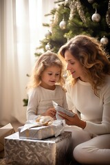 Wall Mural - Toddler girl and mother, at Christmas in living room with Christmas presents and tree, empty copy space Generative AI