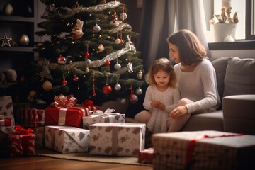 Wall Mural - Toddler girl and mother, at Christmas in living room with Christmas presents and tree, empty copy space Generative AI