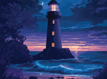 Design An Intricate Vector Artwork Showcasing A Beach In The Evening, With A Palette Of Deep Blues And Purples, As A Lighthouse Stands Sentinel, Casting Its Guiding Beam Across The Tranquil Waters.