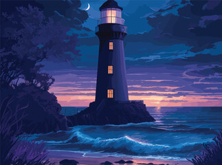 Design an intricate vector artwork showcasing a beach in the evening, with a palette of deep blues and purples, as a lighthouse stands sentinel, casting its guiding beam across the tranquil waters.