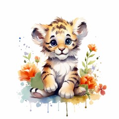 Canvas Print - AI generated illustration of a young tiger cub on a white background in watercolor