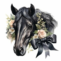 Poster - AI generated illustration of a black horse on a white background in watercolor