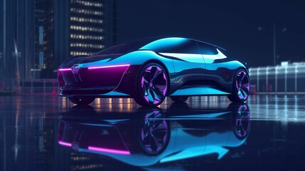 Wall Mural - AI generated illustration of a futuristic sports car on a reflective surface