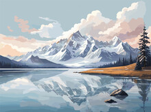 Design An Intricate Vector Illustration Of A Pristine Snowy Mountain Range, Where A Serene Lake Reflects The Towering Snow-covered Peaks In The Foreground, While A Cloudy Sky In The Background Adds A