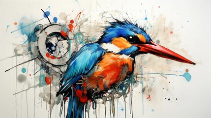 Wall Mural - watercolor painting of a kingfisher with colorful swirls on a white background, ai-generated.