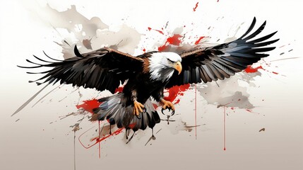 Wall Mural - watercolor painting of a flying eagle with colorful swirls on a white background, ai-generated.