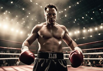 boxer standing in boxing ring with boxing gloves on hand and posing