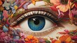 AI generated illustration of a closeup of a blue eye in vibrant floral colors