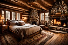 A Cozy Cabin Bedroom With A Stone Fireplace And Log Cabin Charm.