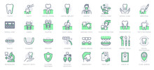 Dental Care Line Icons. Vector Illustration Include Icon - Implant, Braces, Dentist, Toothache, Aligners, Veneers, Tooth Outline Pictogram For Stomatology Clinic. Green Color, Editable Stroke