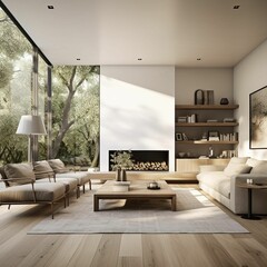 Wall Mural - AI generated illustration of an interior of a modern living room with white wooden furniture