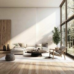 Wall Mural - AI generated illustration of a modern living room filled with natural light from the large windows