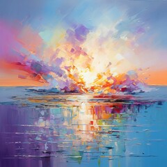 Wall Mural - AI generated illustration of a stunning oil painting depicting the sun setting over a body of water