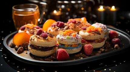 Sticker - assorted desserts sitting on top of a tray near glasses