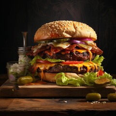 Wall Mural - AI generated illustration of a scrumptious burger on a rustic wooden board