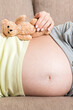 © sosiukin - Closeup of pregnant woman with teddy bear sitting on sofa at the home. Health well being pregnancy lifestyle