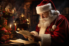 Santa Claus Sitting At His Chair And Reading A Letter With Fireplace In The Background