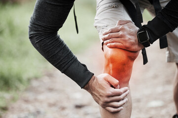 Canvas Print - Knee pain, injury and red inflammation and person hand with fitness, workout and training accident from hike. Runner, leg massage and trekking in the woods on trail with muscle strain and emergency