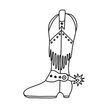 Retro Cowgirl Boots With Traditional Fringe And Spur. Vector Doodle With Outline Of Boots In Cowboy And Western Style. Simple Funny Shoes Of Wild West With Ornament For Postcard, Print, Design