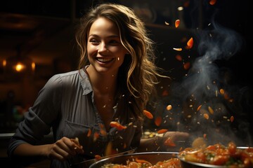 Beautiful positive girl prepares a delicious, healthy dish