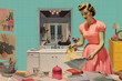 © aledesun - classic illustration of a 50s era, housewife in a retro vintage kitchen, classic candy color palette , wallpaper pattern use