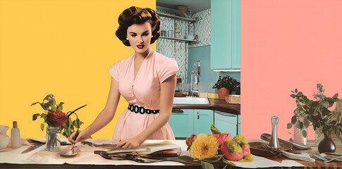 classic illustration of a 50s era, housewife in a retro vintage kitchen, classic candy color palette , wallpaper pattern use