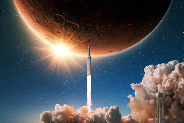 Poster - New modern rocket successfully takes off to the red planet Mars with the sunlight. Spaceship rocket launches into the starry sky with a planet, concept. Start of the Mars space mission