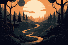 The Path Through The Enchanted Spooky Forest At Night. Happy Halloween, Moon And Moonlight. Vector Cartoon Close-up Illustration.