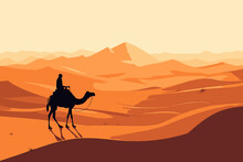 Camel Passing Through The Desert. African Desert Landscape. Islamic Careem, Ramadan Background, Banner, Poster. Ector Illustration.