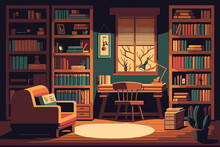 Place For Reading Books In Home Library, Studying, University, Bookshelf, Cozy Mood.