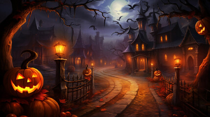 Wall Mural - Scary halloween pumpkins and hands on dark background