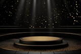 Fototapeta  - Black podium product stage with spotlight and golden glitter background.