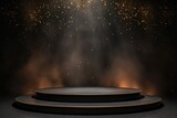 Fototapeta  - Black podium product stage with spotlight and golden glitter background.