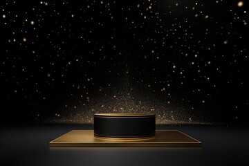 Black podium product stage with spotlight and golden glitter background.