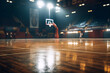 Basketball goal in a beautiful gymnasium illuminated by spotlights.