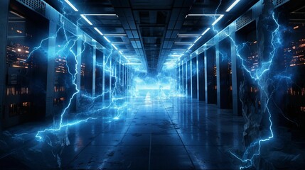 Wall Mural - a hallway leading to many servers with lightning all around it