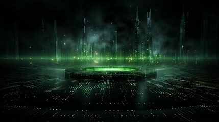 Wall Mural - a futuristic scene is shown with glowing green light in the dark