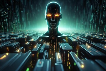 Wall Mural - a man with glowing eyes stands in the middle of an abstract city
