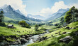 Light watercolor landscapes, green hills, sheep grazing