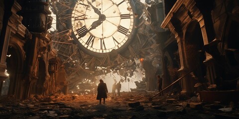 Wall Mural - ai generated illustration of a silhouetted person standing in a room with a large broken clock