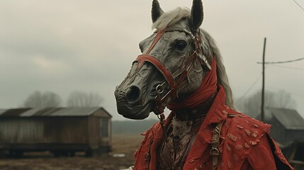 Wall Mural - AI generated illustration of a horse in a red suit standing in a rural dark moody landscape