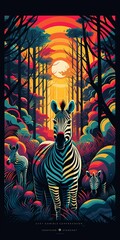 Wall Mural - ai generated illustration of a zebra standing in a lush forest illuminated by the light of a moon