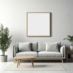 Poster - AI generated illustration of A modern room with a white couch and a white frame with a copy space